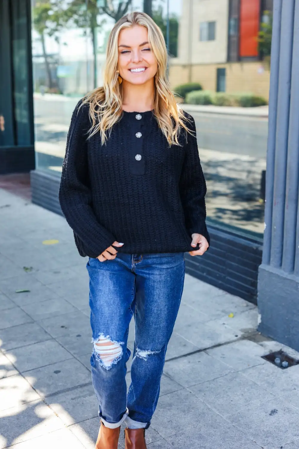 Casual Living Black Loose Knit Henley Button Sweater