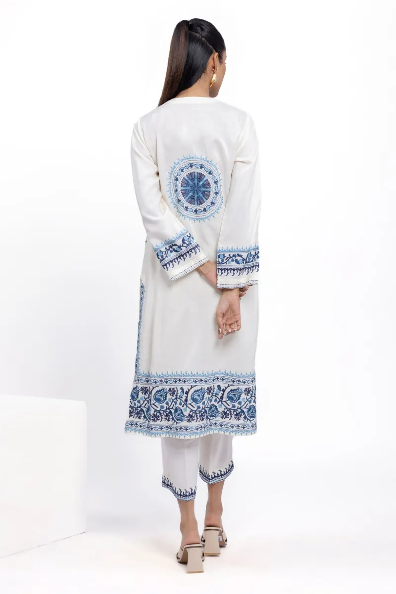 2 Piece Kurta | Embroidered & Pants | White and blue