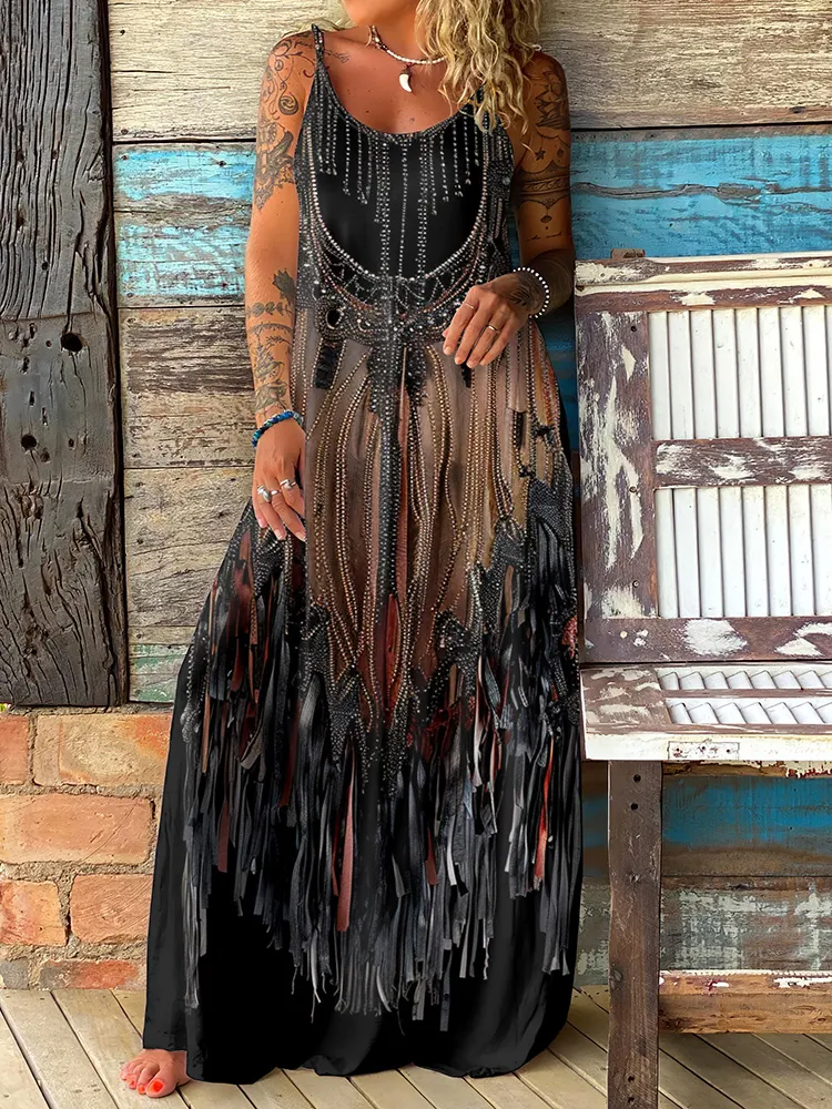 Viking Tribal Tassel Art Slip Maxi Dress