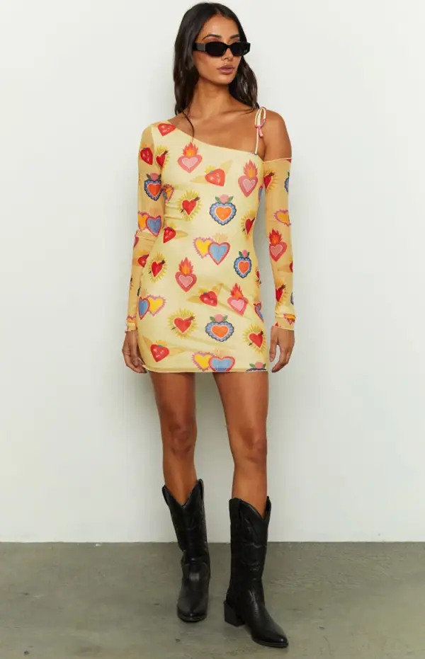 Wild At Heart Yellow Printed Mesh Long Sleeve Mini Dress