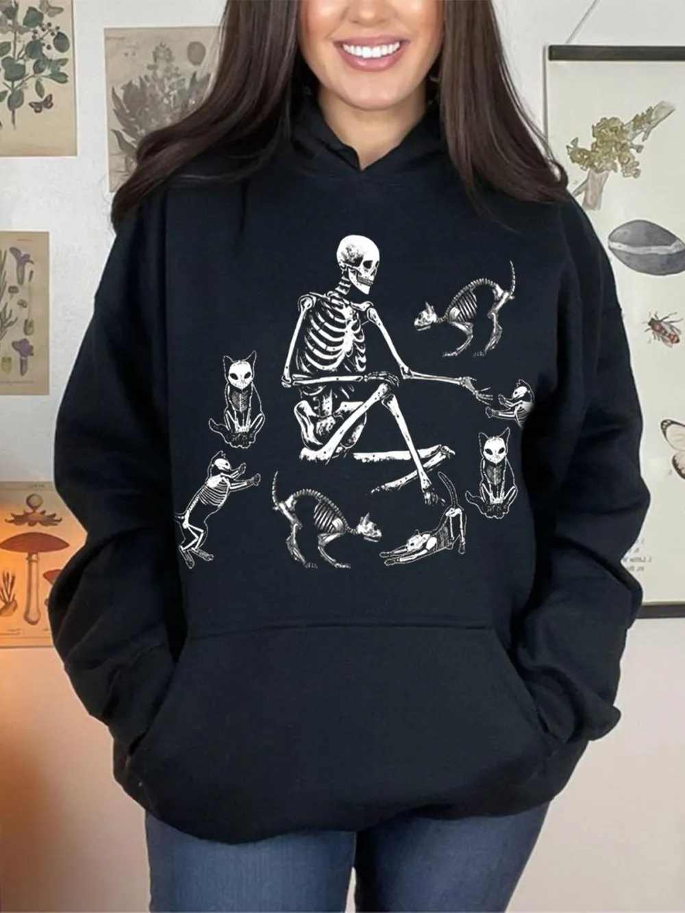 SKULL PLAYING CATS PATTERN PRINTED HOODIE