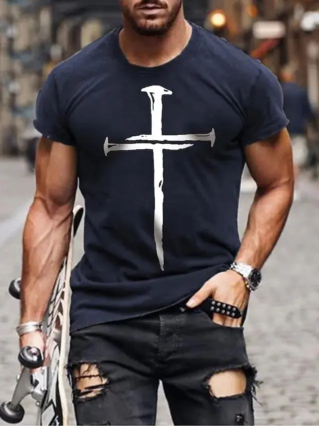 Men's Cross T shirt Tee 100% Cotton Short Sleeve Graphic Shirt Wine Heather Gray Black Comfortable Tee Casual Vacation Fashion Designer Clothing