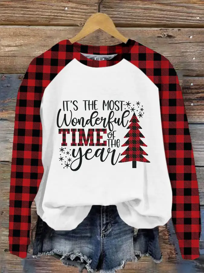 Women's It's The Most Wonderful Time of The Year Plaid Christmas Tree Sweatshirt