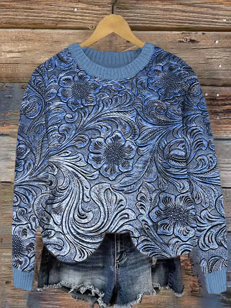 Tooled Leather Floral Embossed Western Print Cozy Sweater