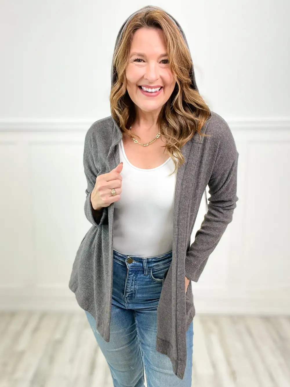 Soft Cashmere Rib Duster Cardigan with a Hood