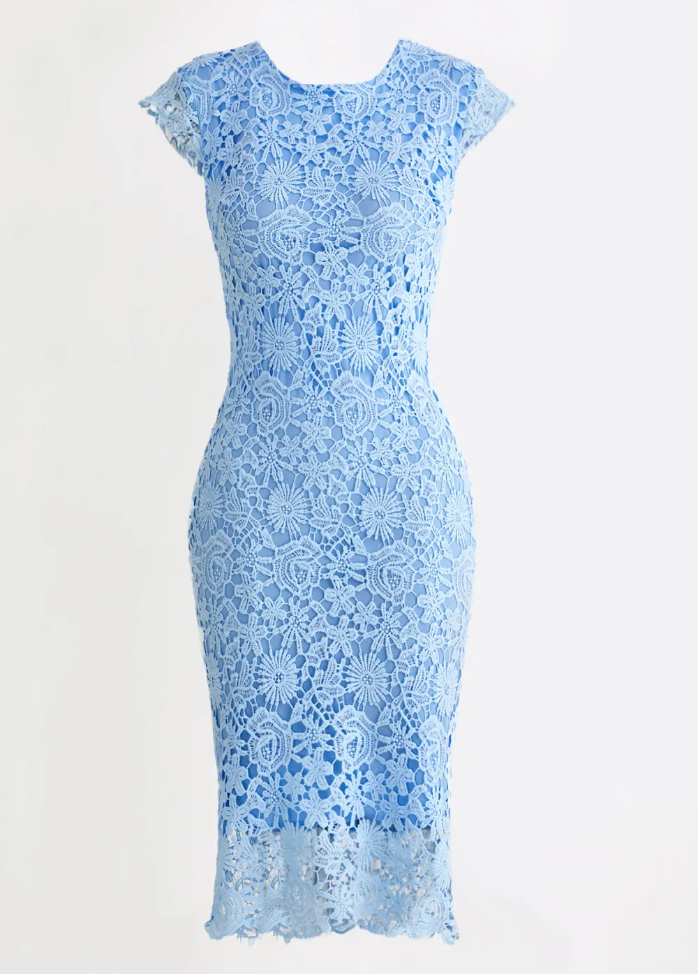 Light Blue Round Neck Lace Bodycon Dress