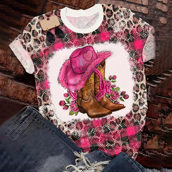 Western Cowboy Hat & Boots Print Short Sleeve T-Shirt