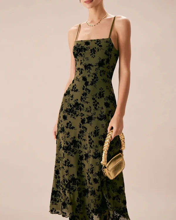 Army Green Vintage Print Sling Dress