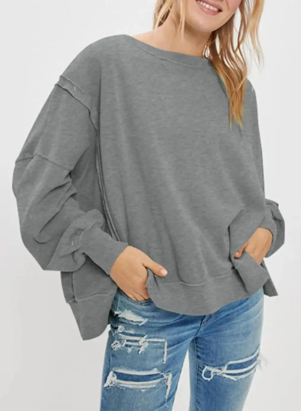 Oversized Reverse Seam Sweatshirt Long Sleeve Crewneck Pullover