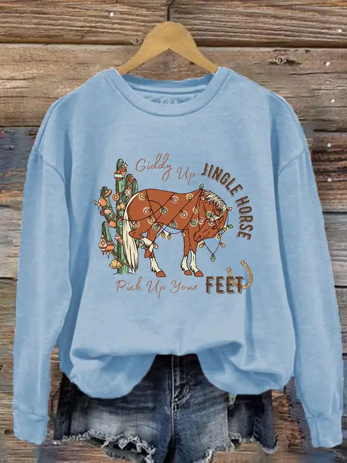 Women's Giddy Up Jingle Horse Pick Up Your Feet Printed Sweatshirt