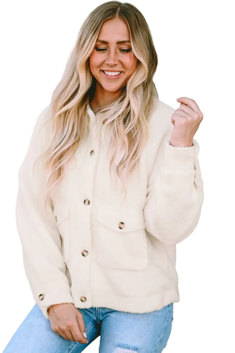 Beige Flap Button Pocket Sherpa Jacket