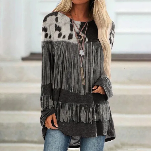 Western Cowhide Tassel Print Long Sleeve Tunic