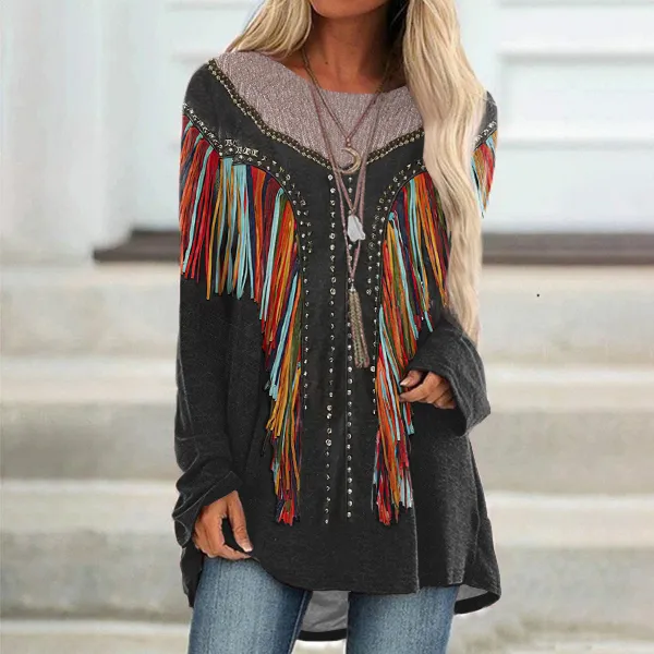 Western Color Tassel Print Long Sleeve Tunic