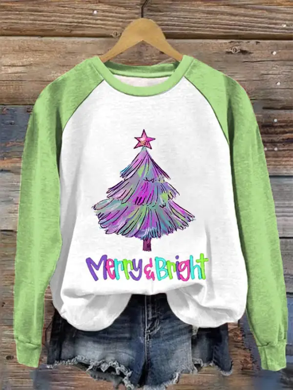 Women's Merry And Bright Christmas Tree Print Casual Sweatshirt