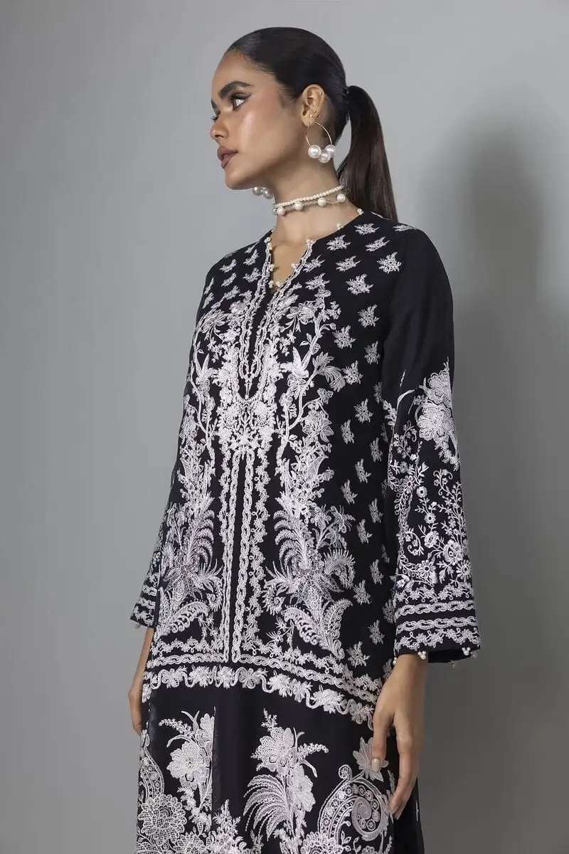 3 Piece Kurta Embroidered | Dupatta& Bottom & Tops | Color Black