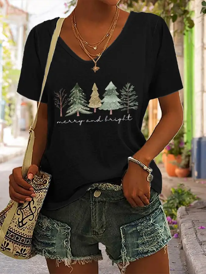 Women's Casual Merry And Bright Printed Short Sleeve T-Shirt