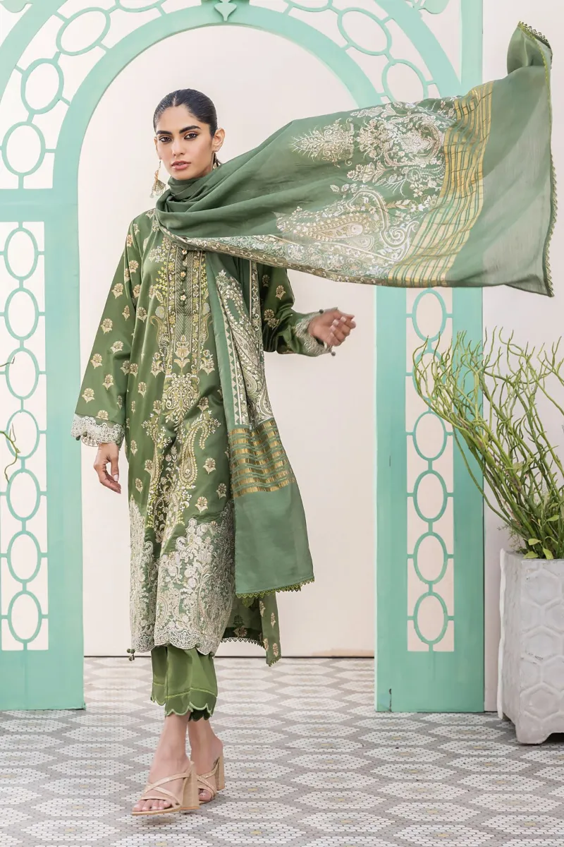 3 Piece Kurta Embroidered | Dupatta& Bottom & Tops | Color Green