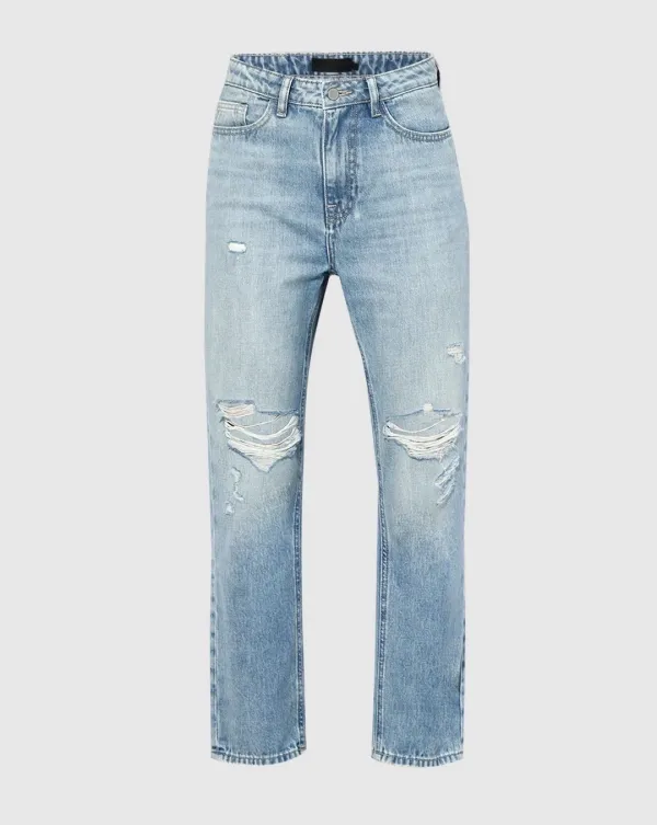 Light Blue Distressed Straight Fit Jeans