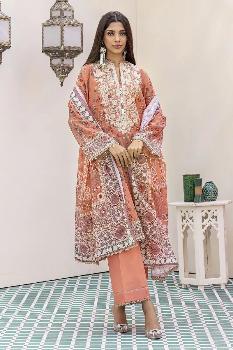 3 Piece Kurta Embroidered | Dupatta& Bottom & Tops | Color Pink orange