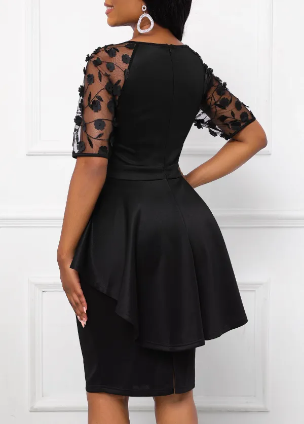 Patchwork Round Neck Half Sleeve Black Bodycon Dress