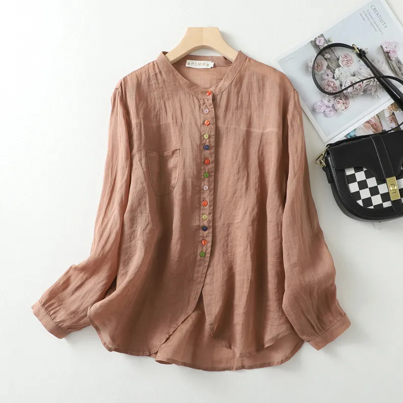 Art retro cotton linen color button irregular shirt