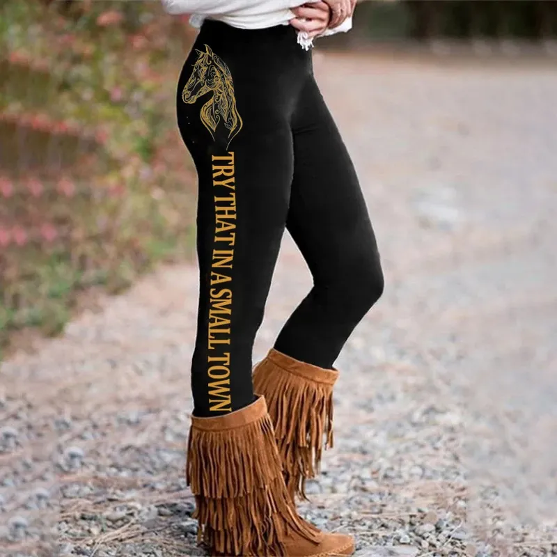 Try That in A Small Town Horse Printed Leggings