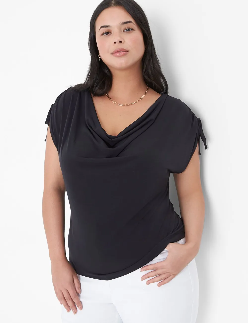 Drawcord Cap-Sleeve Drape-Neck Top