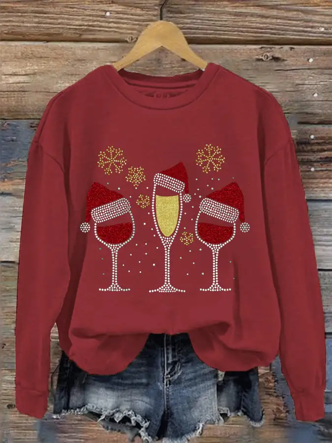 Women's Christmas wine glass print sweatshirt