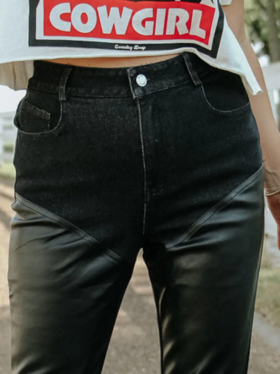 Faux Leather Denim Pants