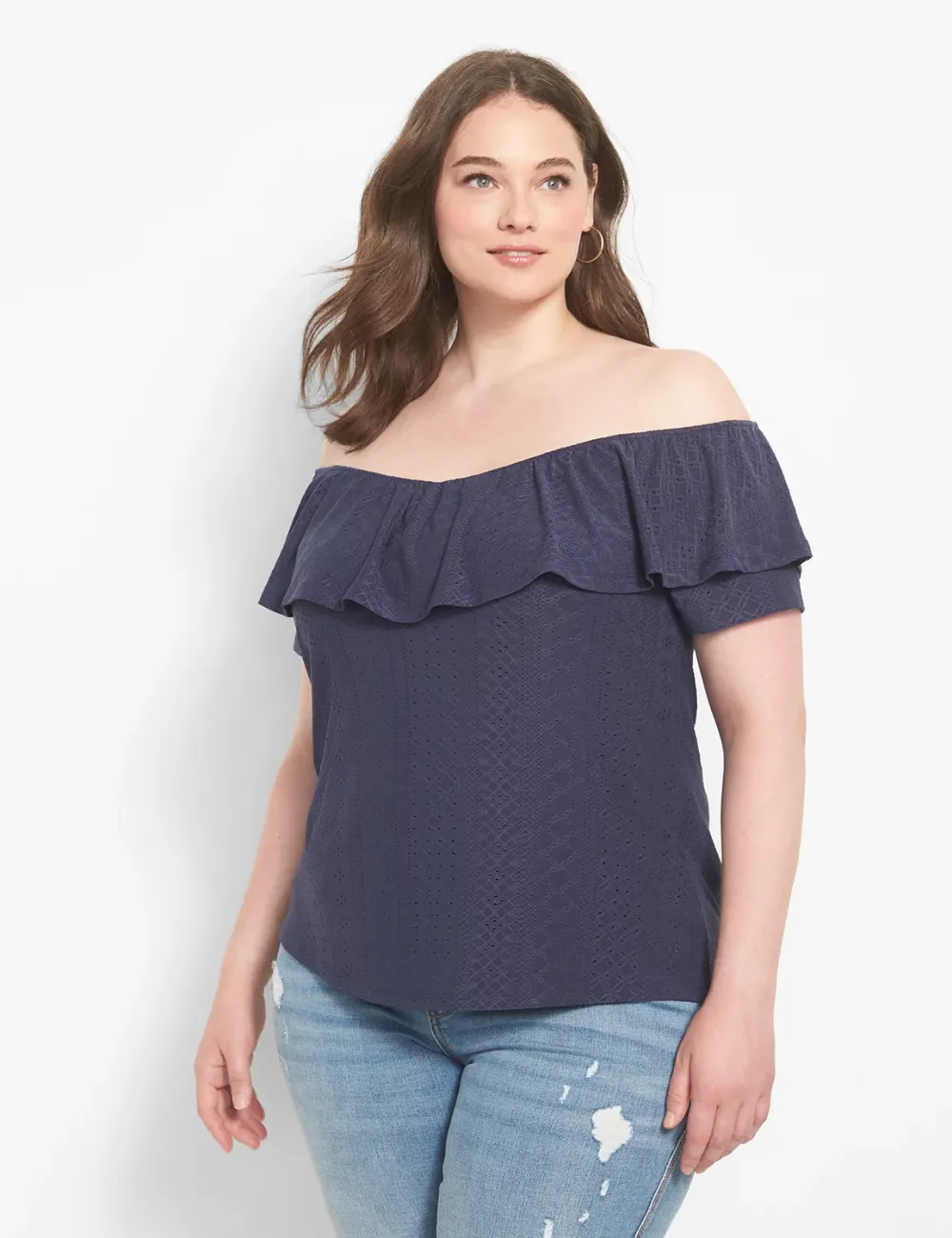 Classic Ruffle Off-The-Shoulder Eyelet Knit Top