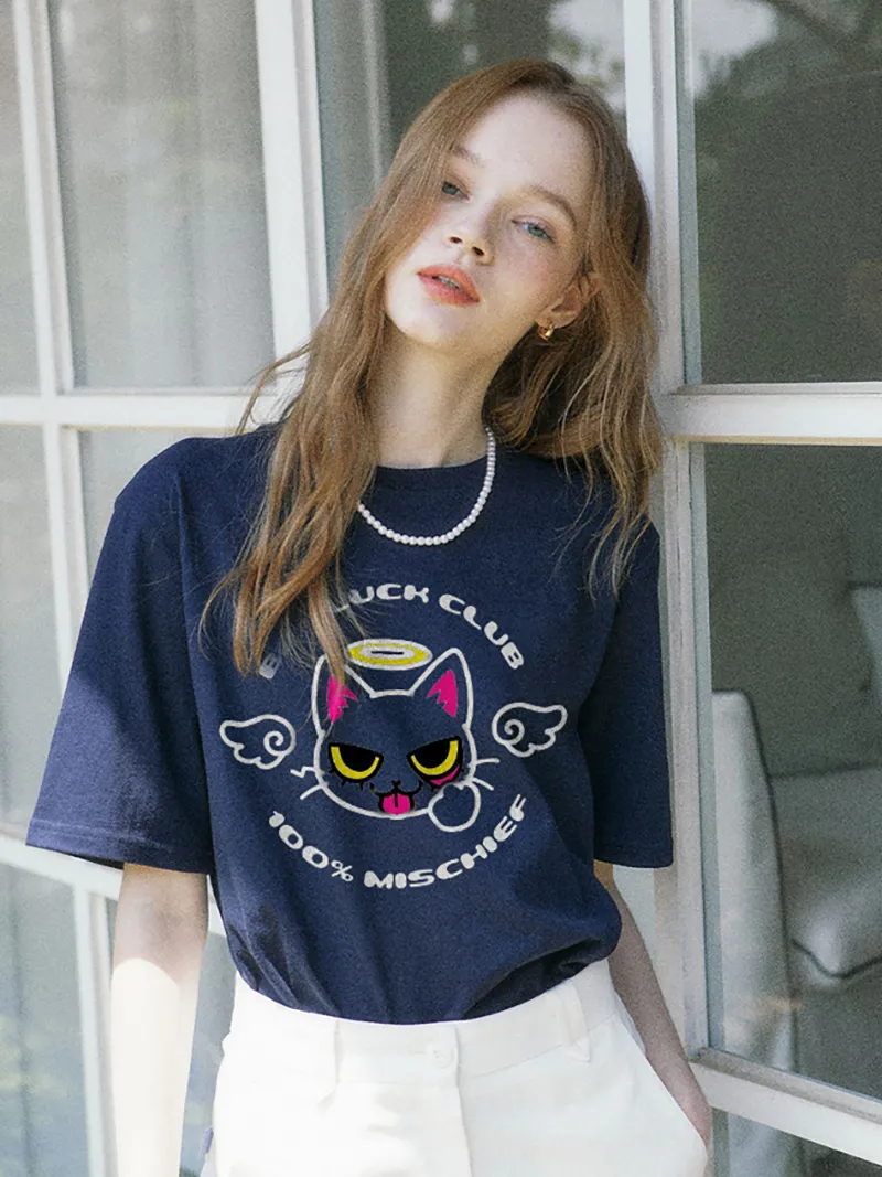 Women's Cartoon Cat Letter Printed T-shirt