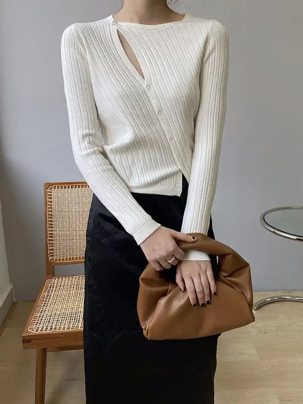 Fashion Asymmetric Solid Color Round-Neck Sweater Top