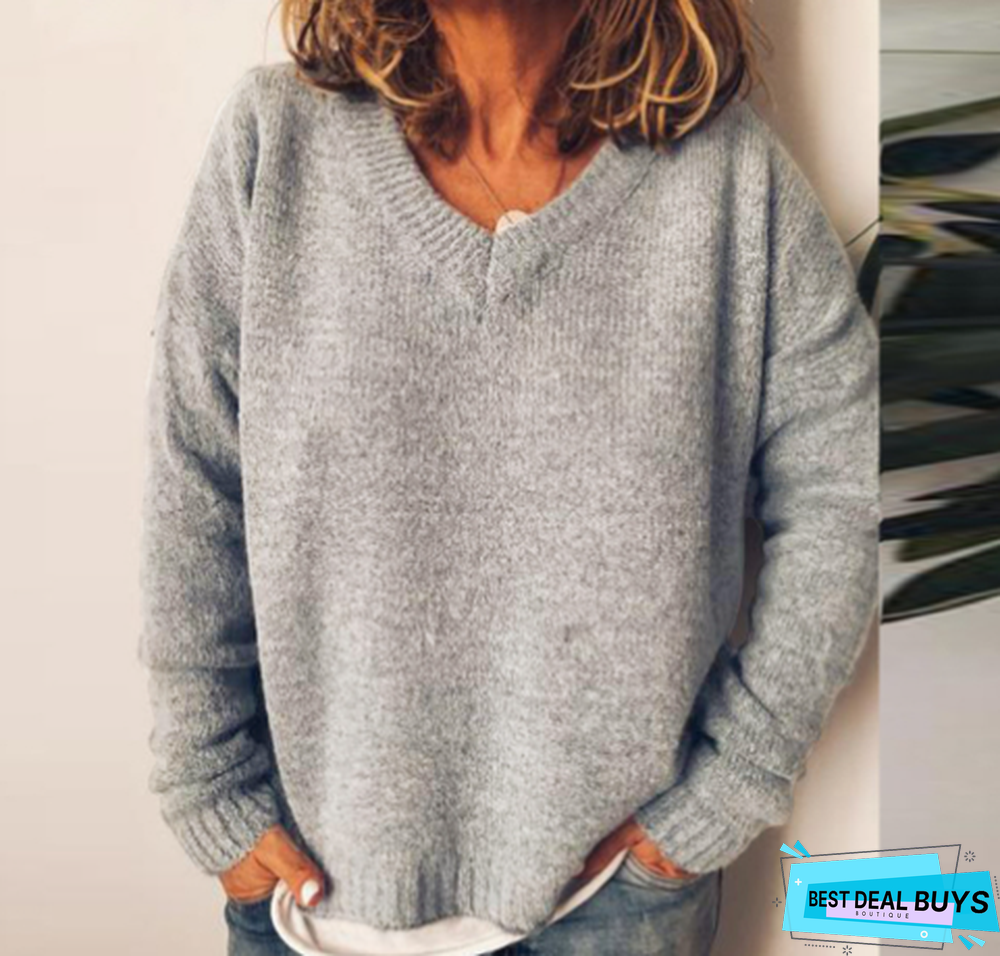 Plus Size Casual V Neck Solid Long Sleeve Sweater