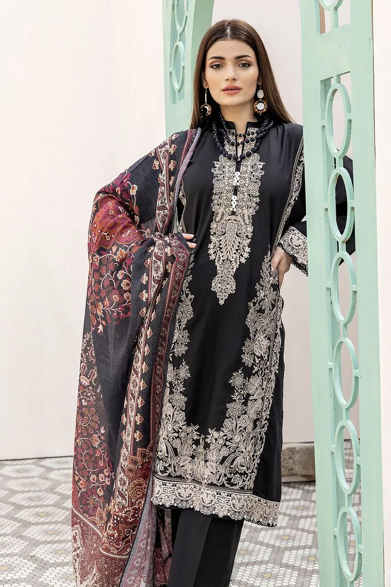 3 Piece Kurta Embroidered | Dupatta& Bottom & Tops | Color Black and Purple