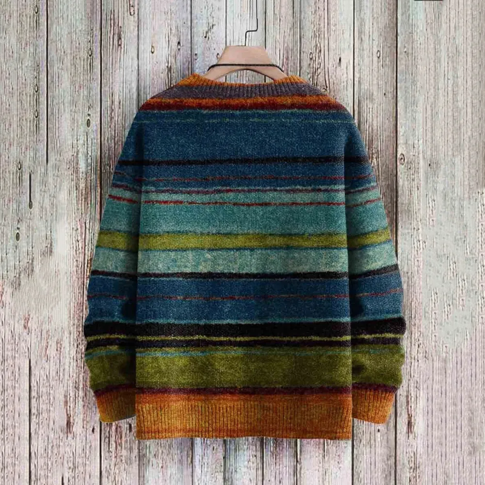 Vintage Striped Print Crew Neck Long Sleeve Sweater