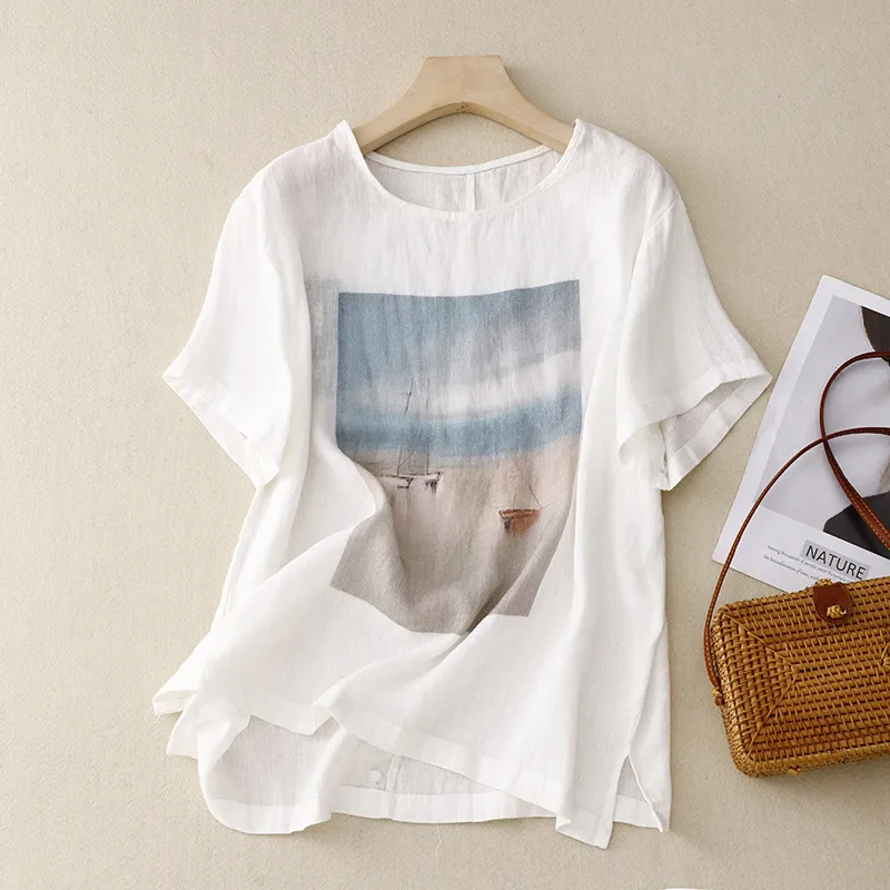 Vintage print cotton and linen T-shirt