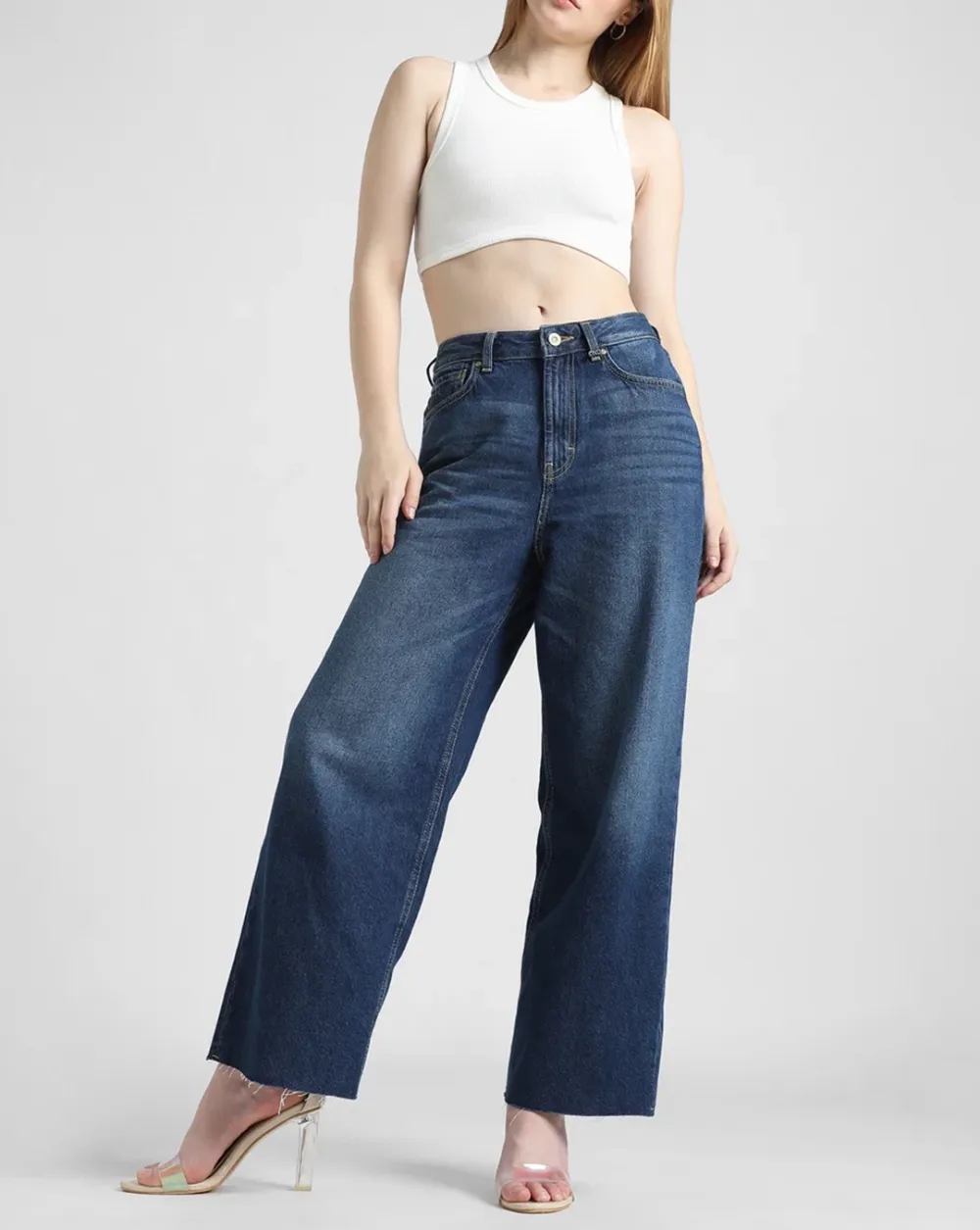 Blue Wide Leg Cropped Jeans