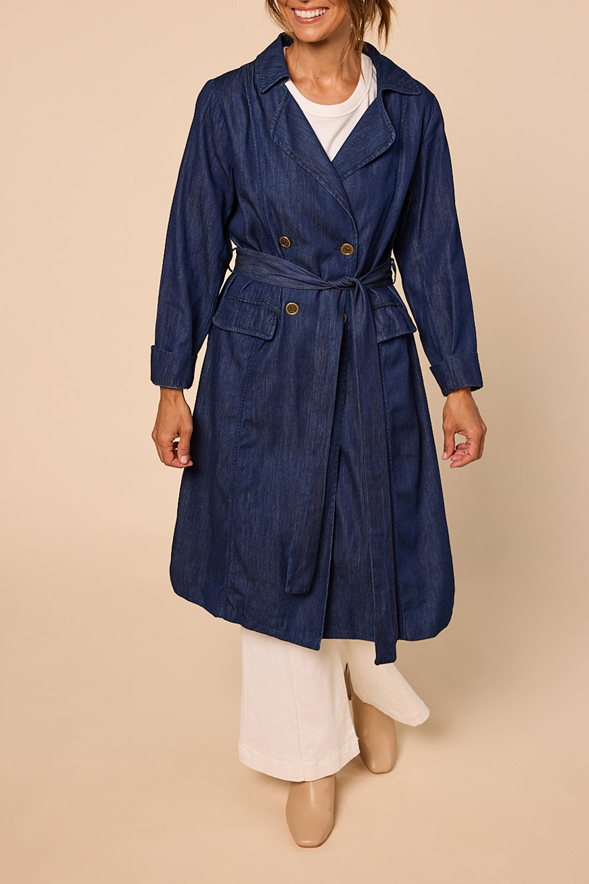 Avalee Long Line Tencel Trench Coat In Dark Wash