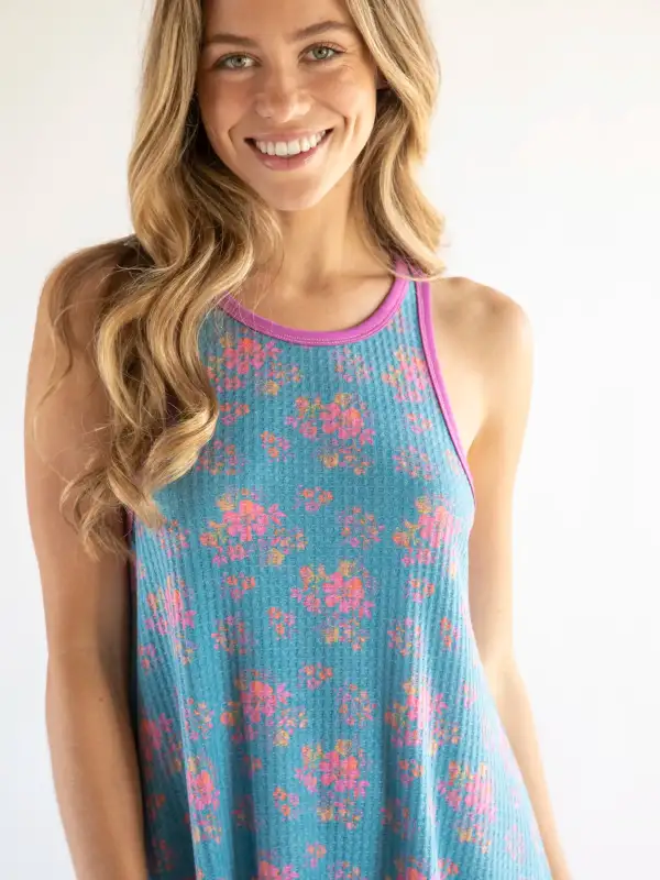 Mix & Match Waffle Nightgown - Turquoise Pink Floral