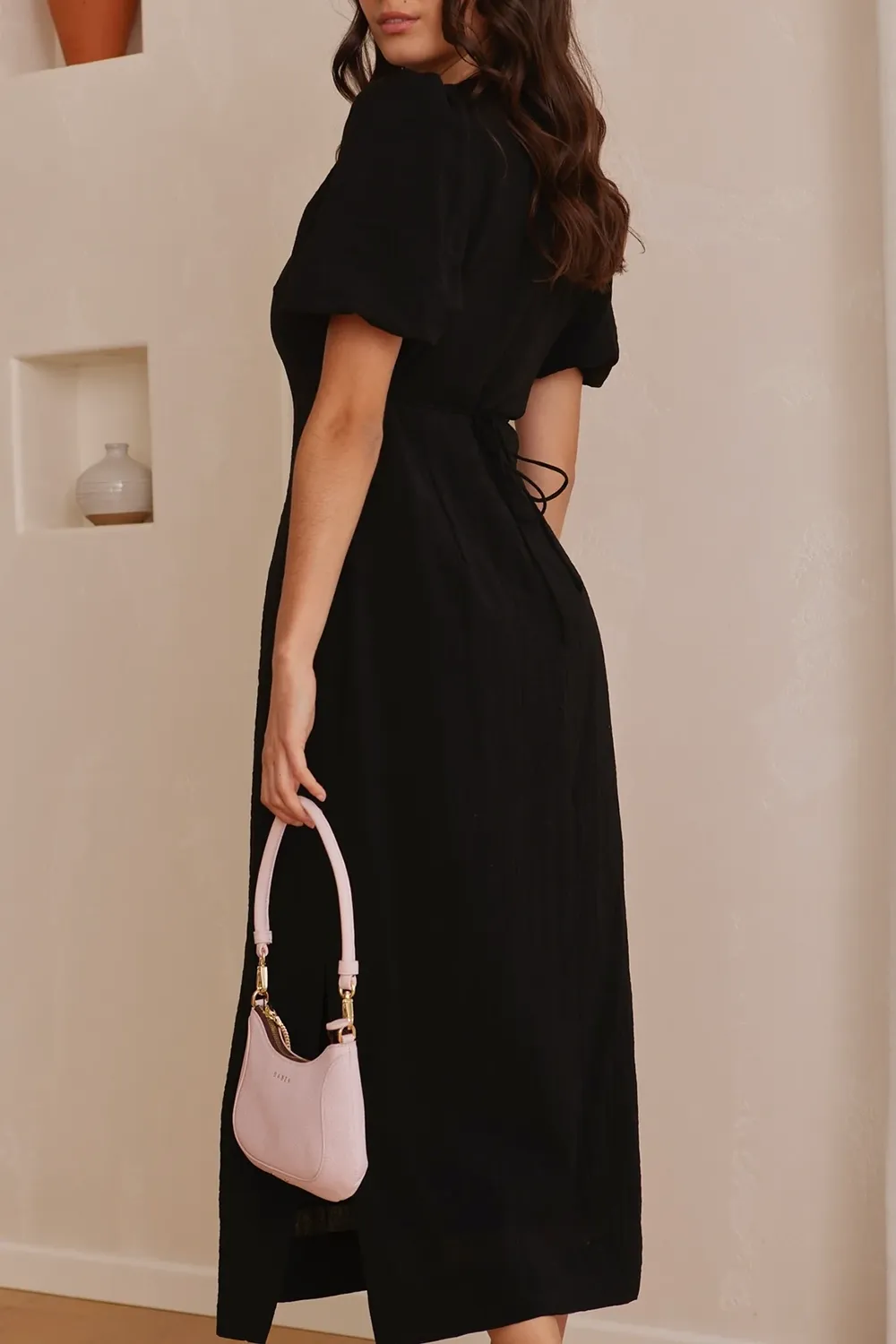 Elder Black Puff Sleeve Tie Midi Dress