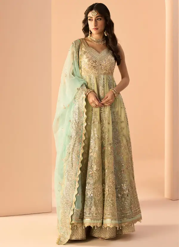 Green and Light Blue Embroidered Anarkali Style Sharara