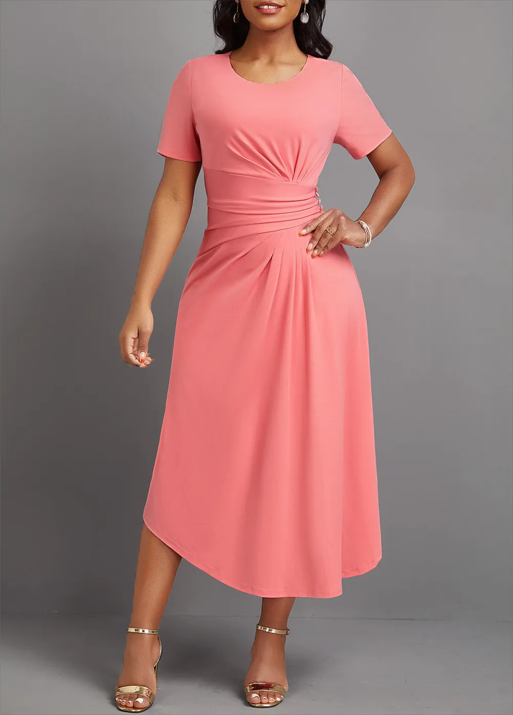 Asymmetry Pink Short Sleeve Round Neck Dress