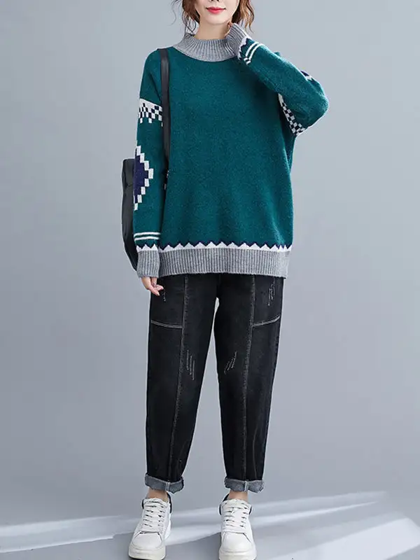 Artistic Retro Loose Color Matching High-Neck Long Sleeves Knitted Sweater Tops