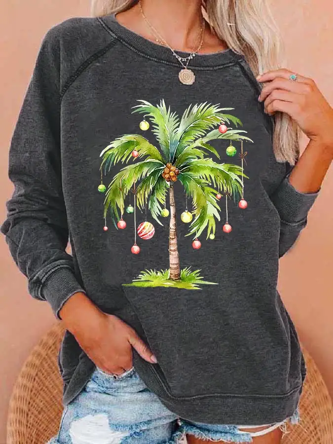 Women'S Casual Christmas Palm Tree Printed Long Sleeve Sweatshirt