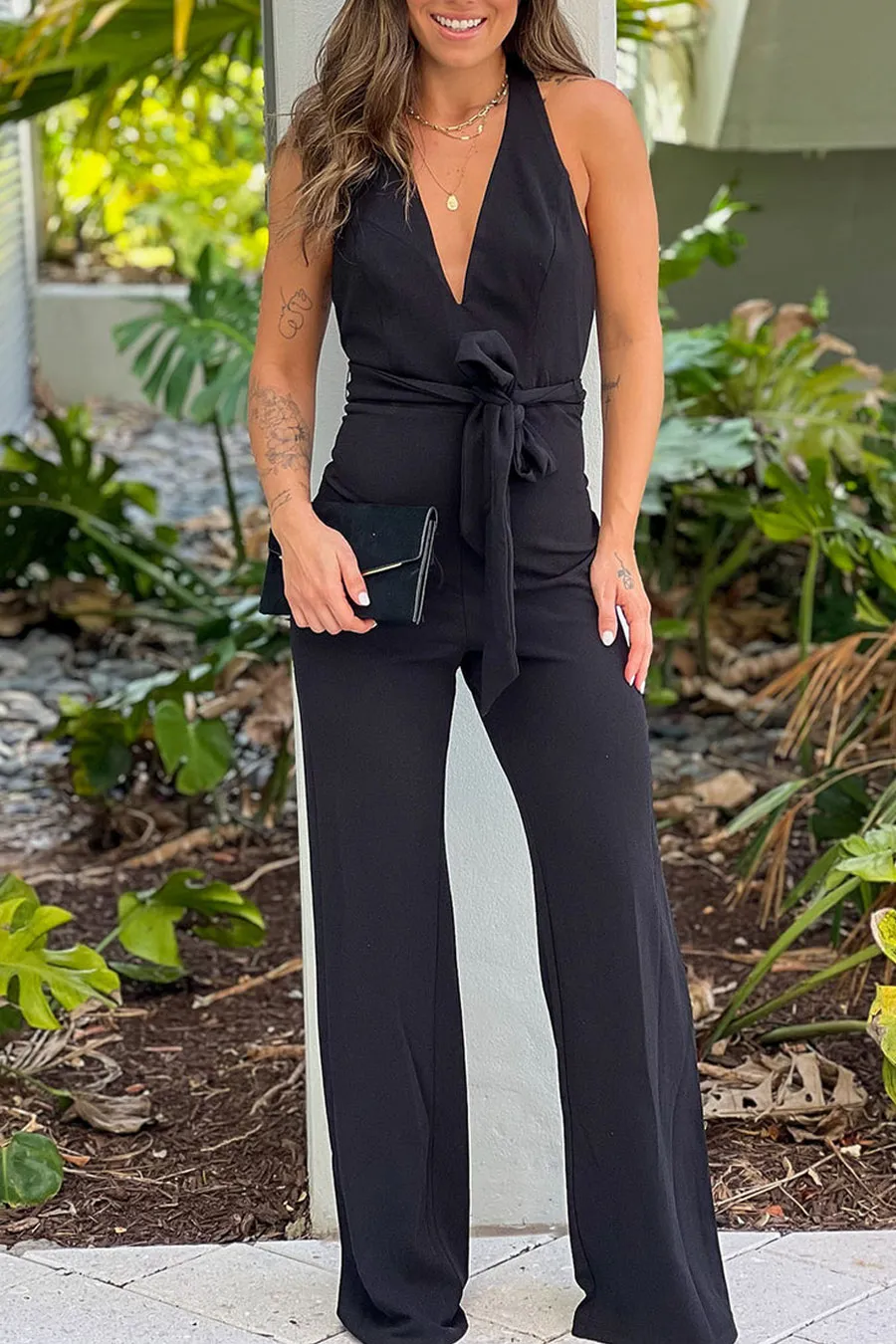 Black V Neck Jumpsuit With Tie Belt