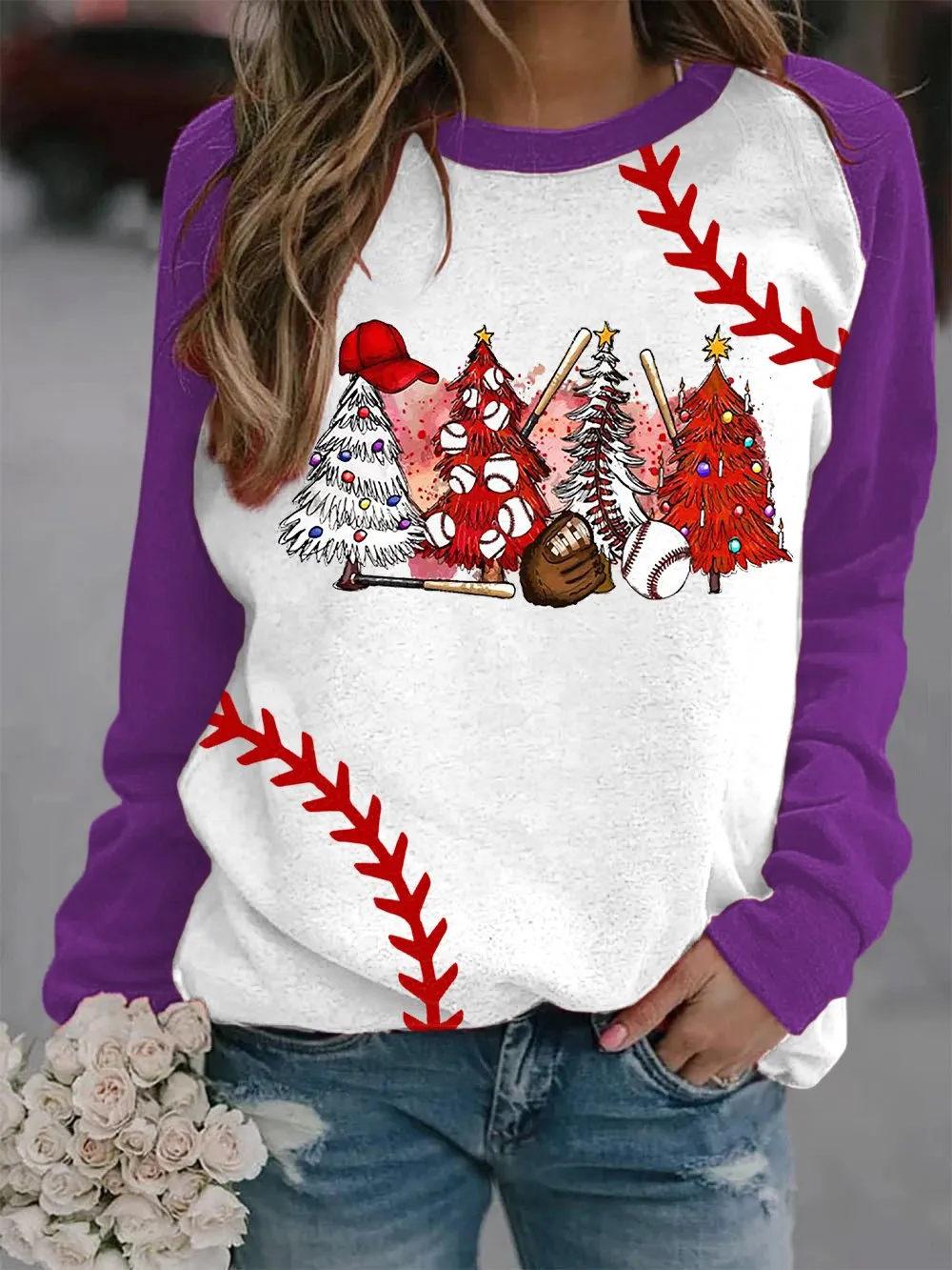 Women's Merry   Baseball Print Long Sleeve Top