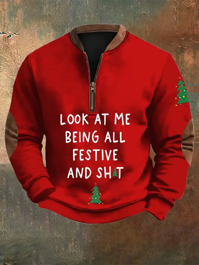 Men's Christmas printed zipper sweatshirt