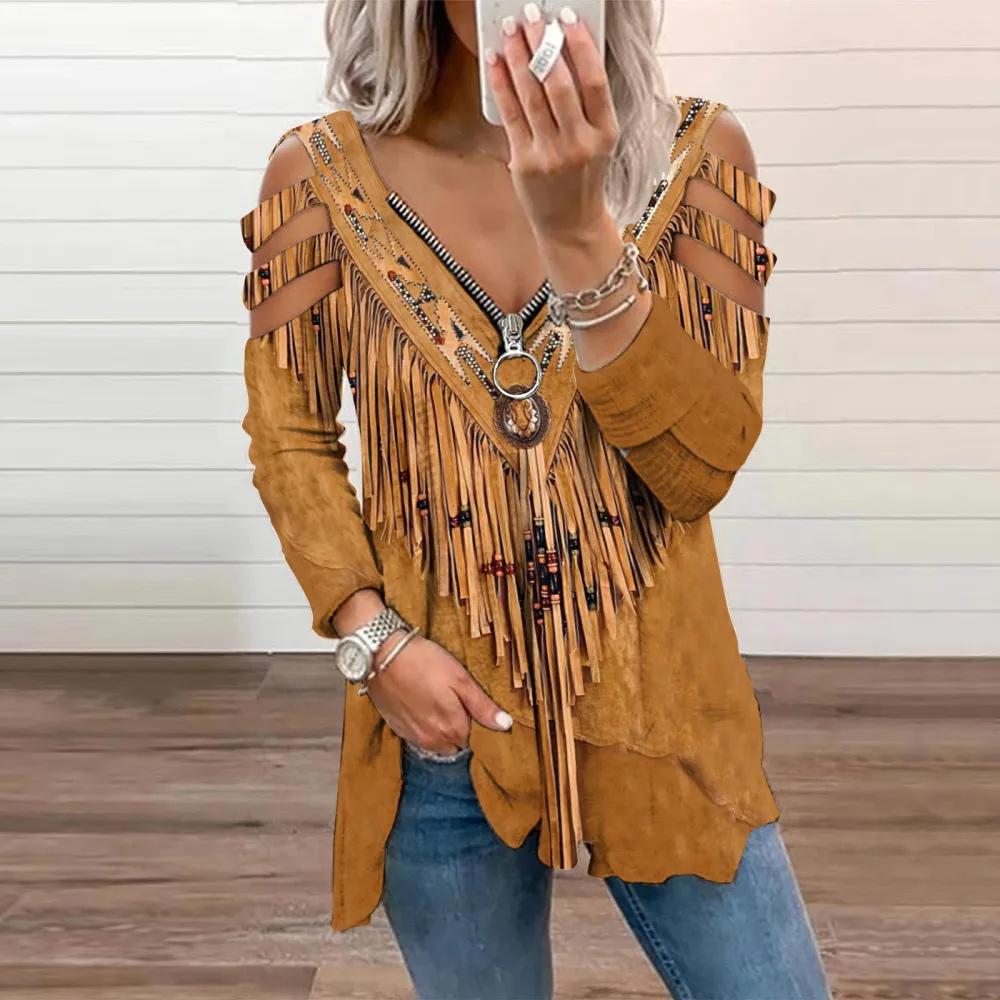 Western Tassels Printed Hollow Out Zip Up T-Shirt