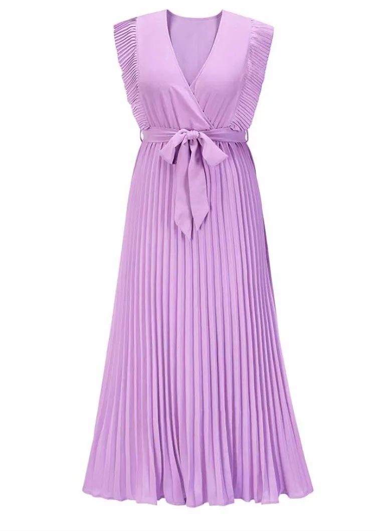 Women Summer Purple Sweet V-neck Sleeveless Solid Chiffon Belted Pleated Long Smock Dress