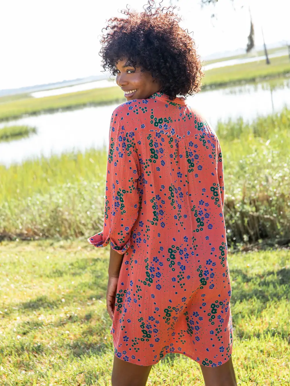 Georgia Gauze Shirt Dress - Red Green Floral